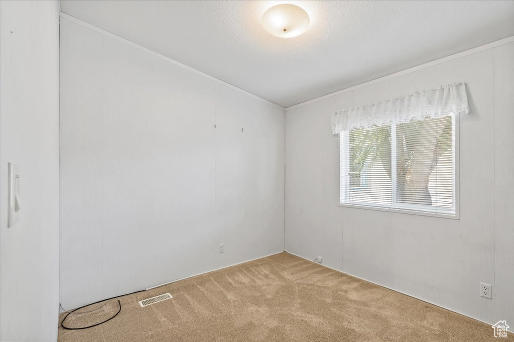 Unfurnished room featuring carpet flooring and ornamental molding