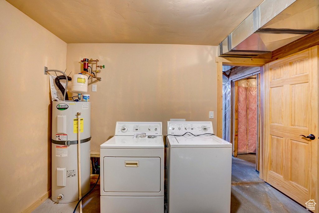 Laundry area featuring water heater and washer and dryer