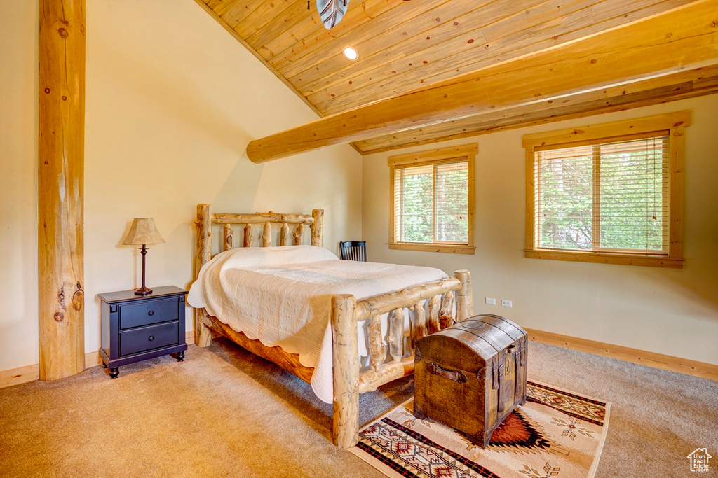 Carpeted bedroom with wooden ceiling, lofted ceiling, and recessed lighting