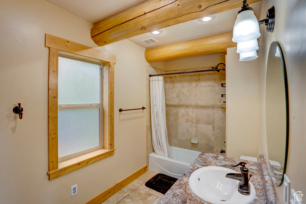 Bathroom with recessed lighting, shower / tub combo, tile patterned floors, and vanity
