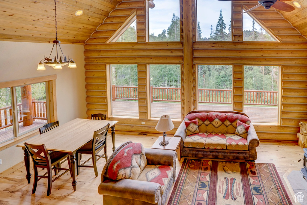Living room with rustic walls, high vaulted ceiling, healthy amount of natural light, wood-type flooring, and wood ceiling