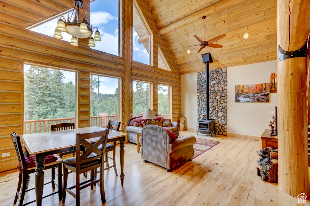 Dining room featuring high vaulted ceiling, a wood stove, hardwood / wood-style flooring, wood ceiling, and ceiling fan