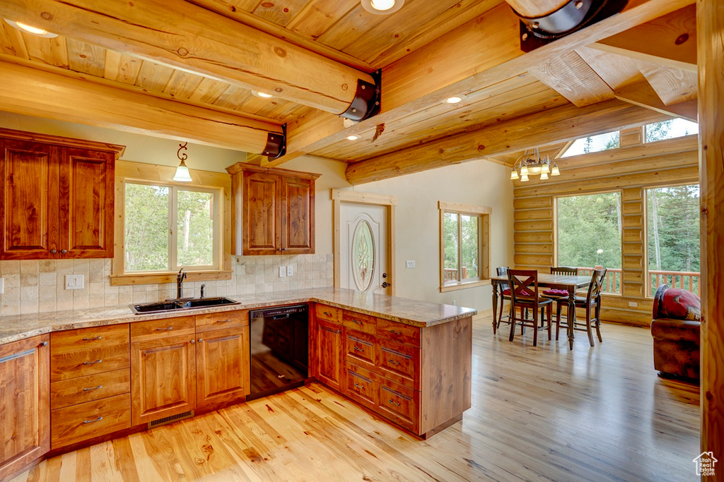 Kitchen featuring black dishwasher, healthy amount of natural light, light wood-style floors, a peninsula, and wood ceiling