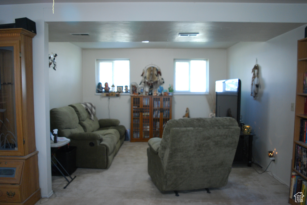 Living area featuring healthy amount of natural light and light carpet