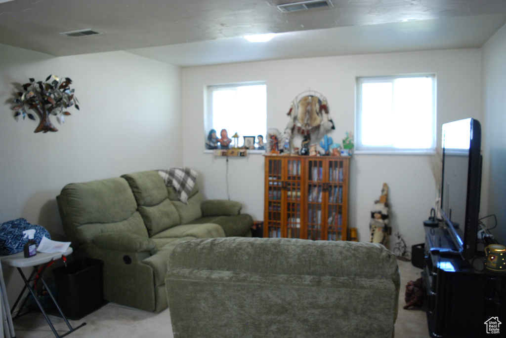 Living room featuring healthy amount of natural light and light carpet