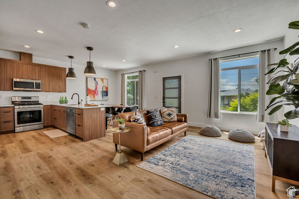 Living room featuring recessed lighting, light wood finished floors, and a textured ceiling