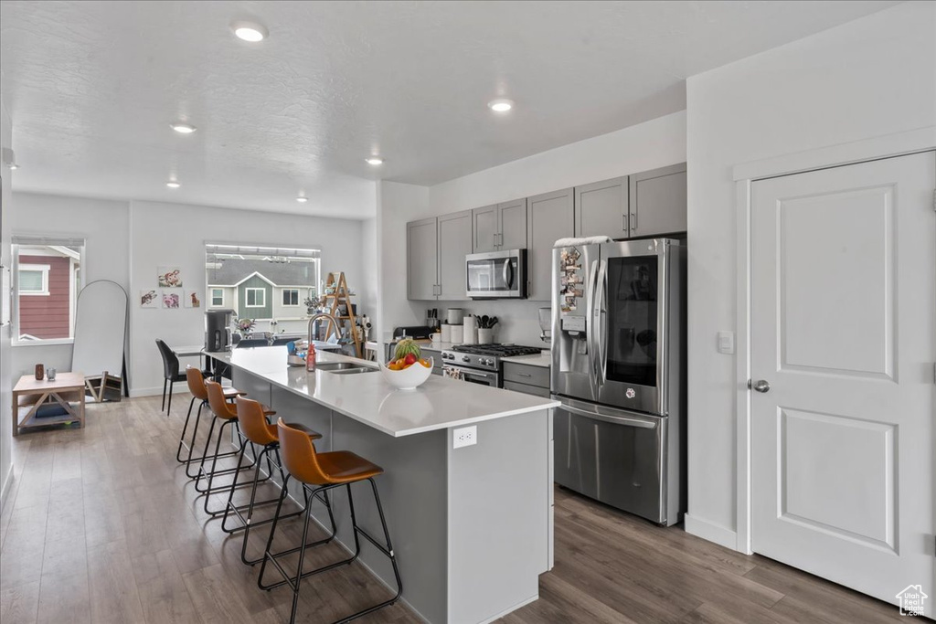 Kitchen with stainless steel appliances, gray cabinets, a kitchen bar, dark wood-style floors, and an island with sink