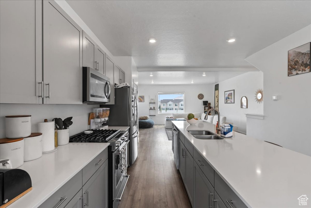 Kitchen featuring appliances with stainless steel finishes, gray cabinetry, light countertops, recessed lighting, and dark wood-type flooring