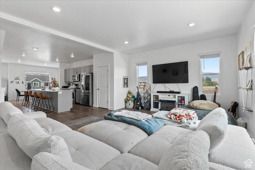 Living room with dark wood-type flooring and recessed lighting