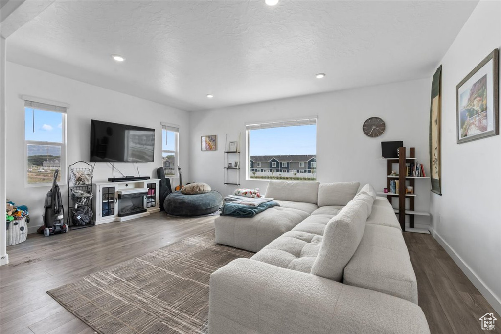 Living area featuring wood finished floors and recessed lighting