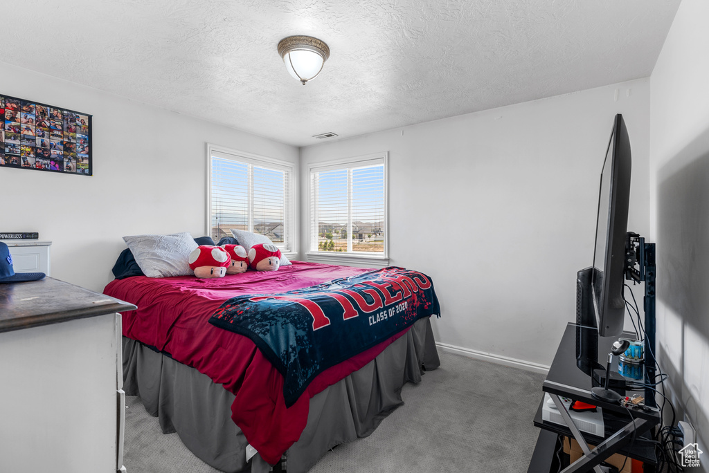 Bedroom featuring carpet and a textured ceiling