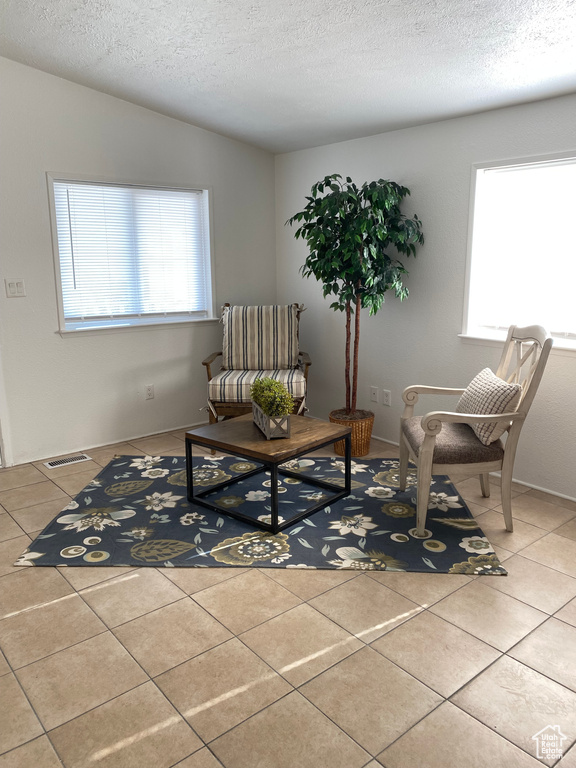 Sitting room with tile patterned flooring and a textured ceiling