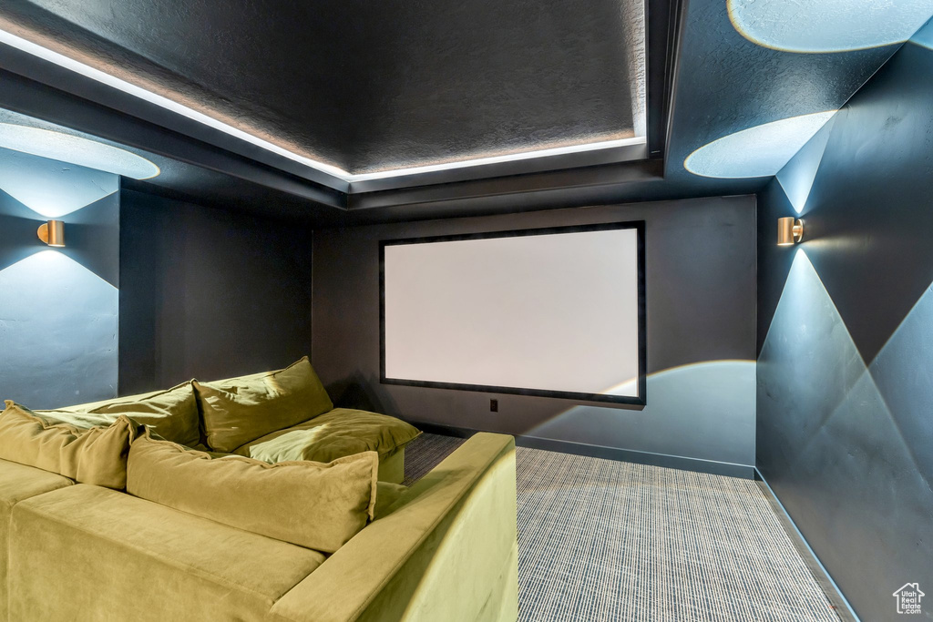 Carpeted cinema with baseboards and a tray ceiling