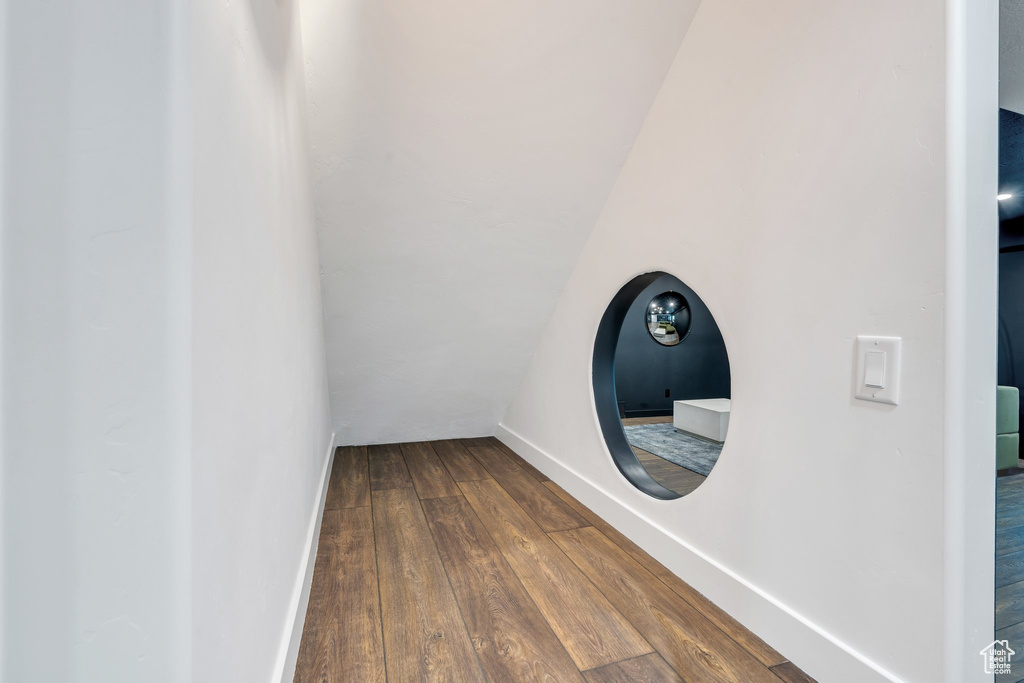 Detailed view of wood finished floors and baseboards