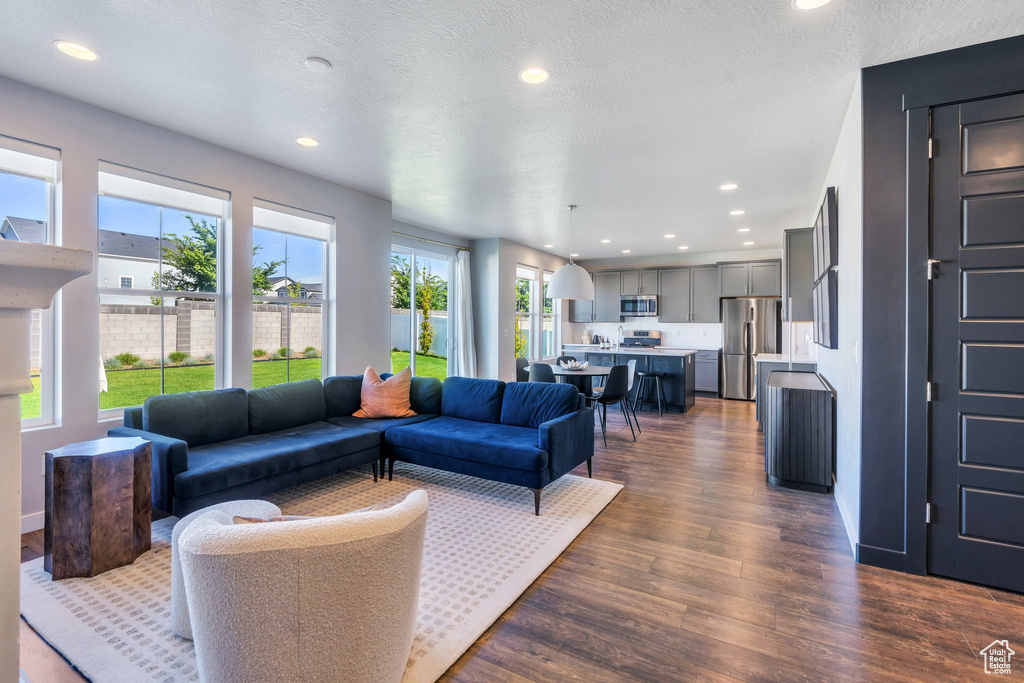 Living room featuring dark wood-type flooring and recessed lighting