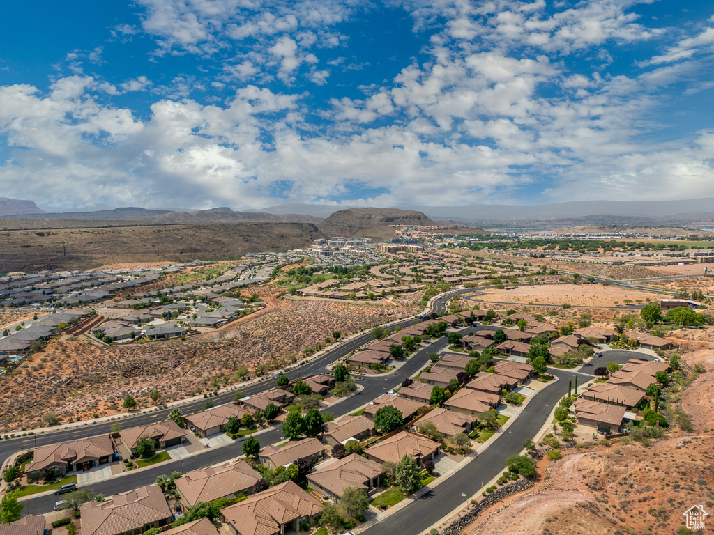 Aerial view of residential area with a mountain backdrop