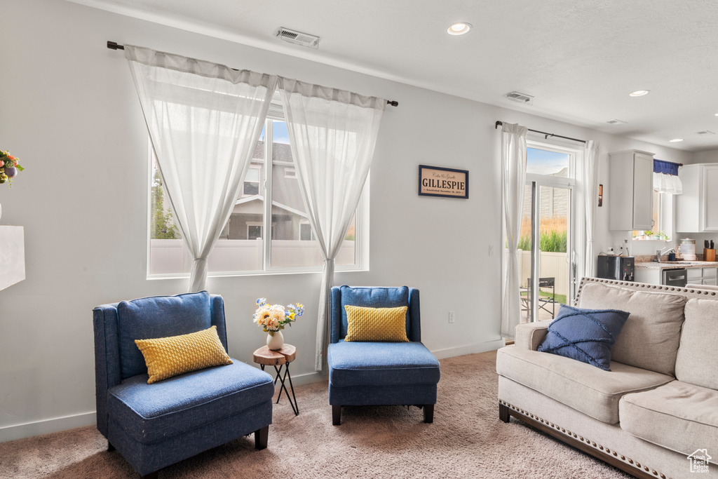 Living room featuring light colored carpet and recessed lighting