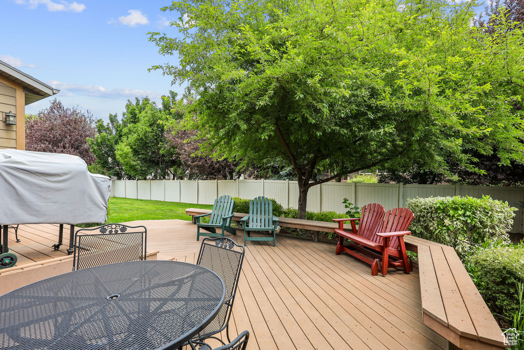 Wooden terrace featuring a fenced backyard, outdoor dining area, and area for grilling