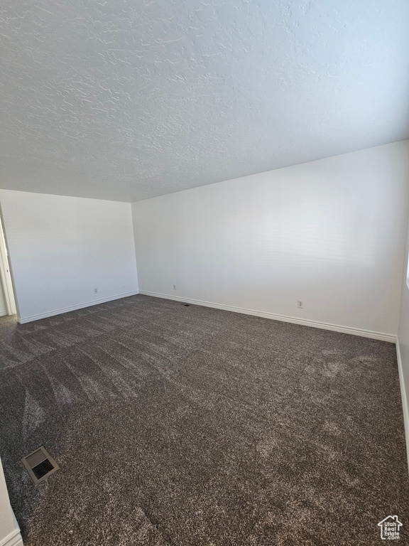 Additional living space with dark colored carpet and a textured ceiling