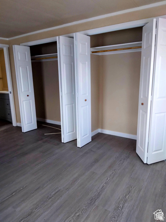 Unfurnished bedroom with dark wood-type flooring and two closets