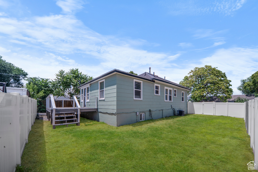 Rear view of property featuring a fenced backyard and a wooden deck