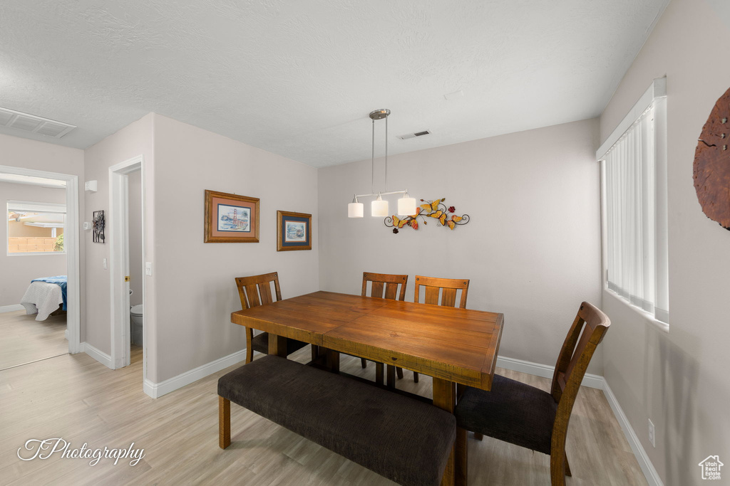 Dining room featuring light wood-type flooring and baseboards