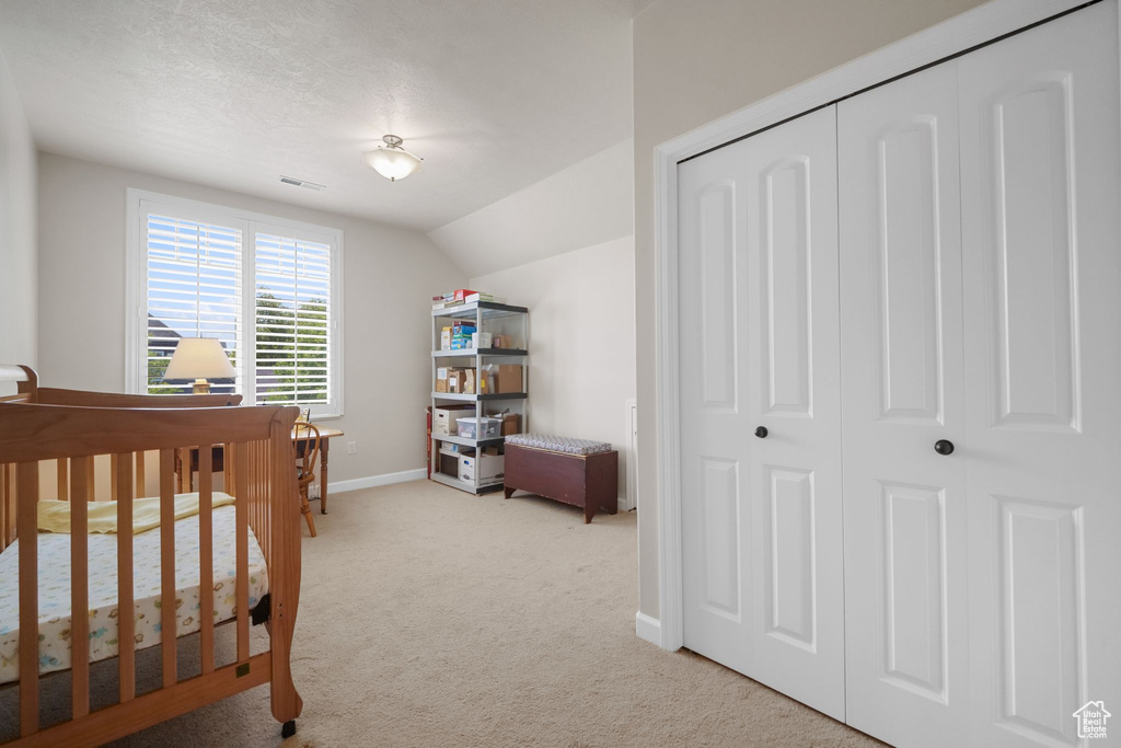 Carpeted bedroom featuring a closet and lofted ceiling