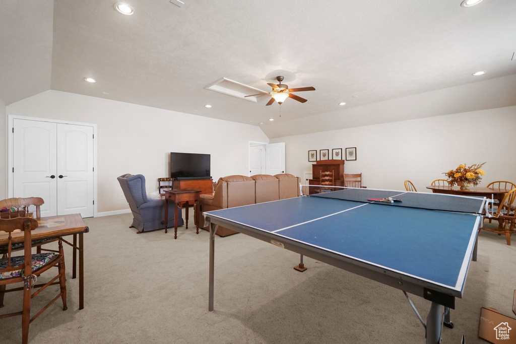 Game room featuring light colored carpet, recessed lighting, lofted ceiling, and ceiling fan