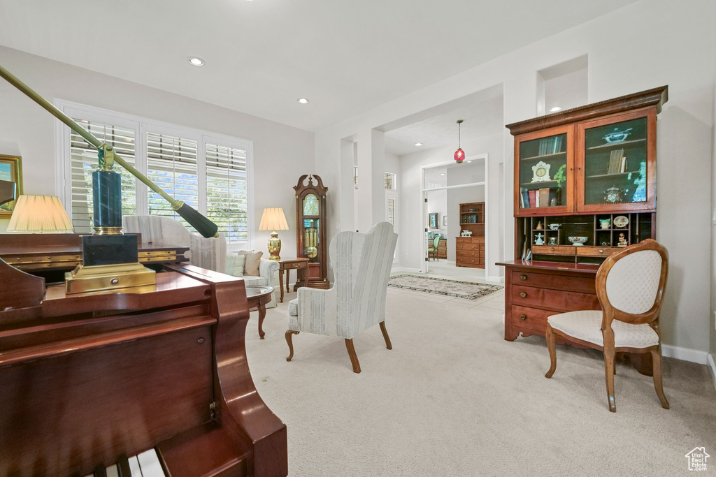 Office space featuring light colored carpet and recessed lighting