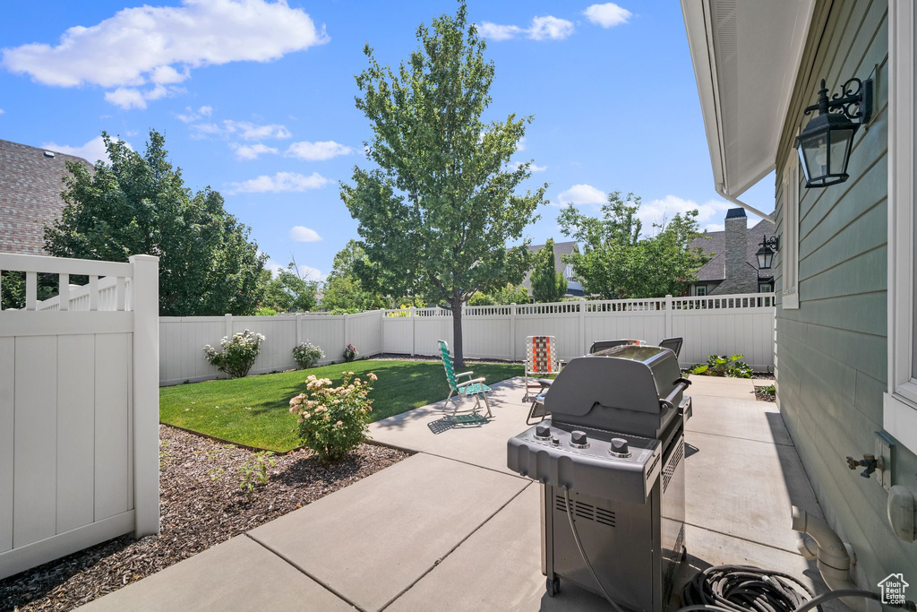 Fenced backyard with area for grilling and a patio area