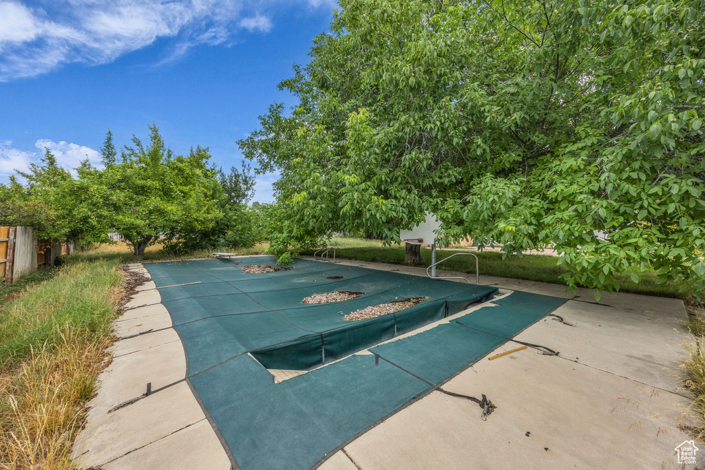 View of pool with a covered pool, a diving board, and a patio