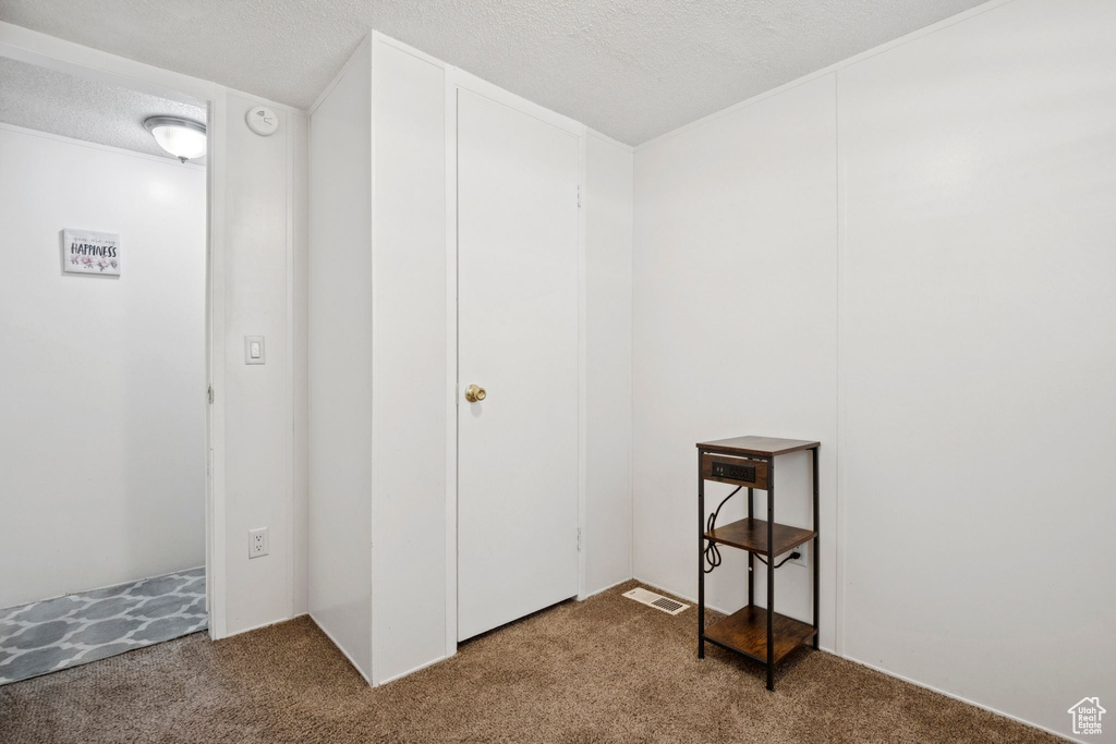 Unfurnished bedroom with carpet and a textured ceiling