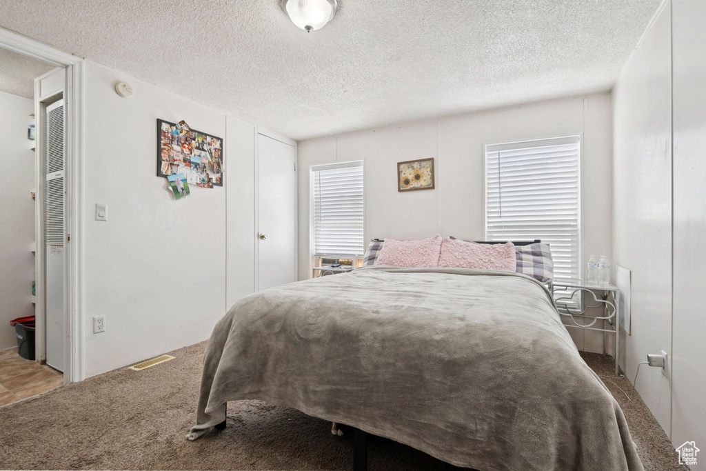 Carpeted bedroom with a textured ceiling