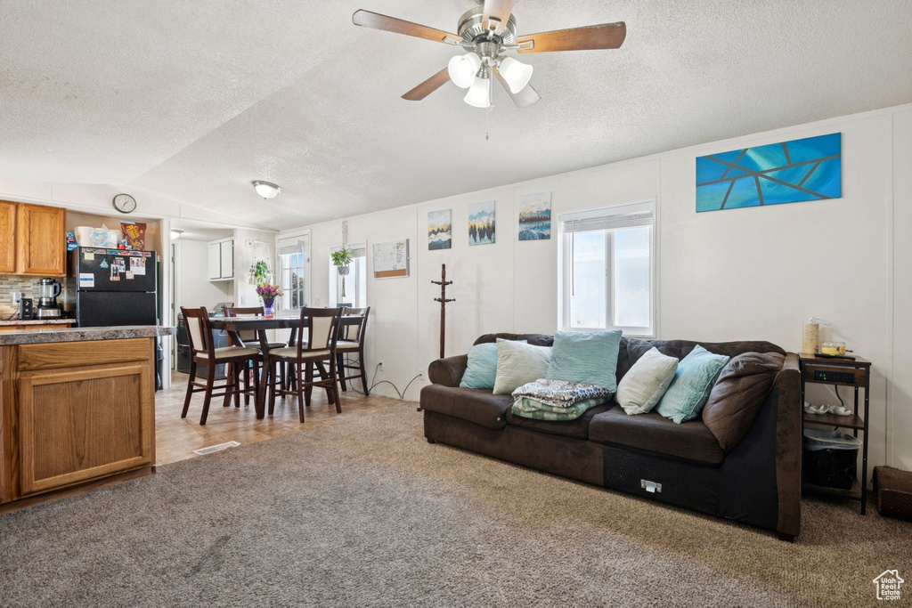 Carpeted living room featuring a textured ceiling, healthy amount of natural light, lofted ceiling, and a ceiling fan