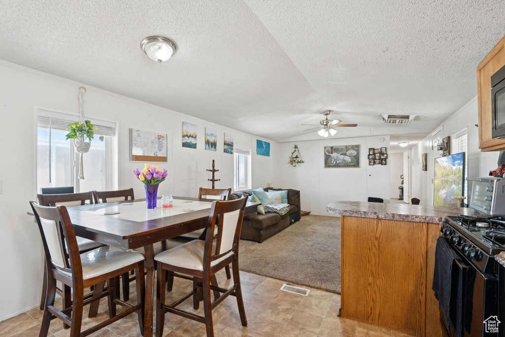 Dining area with ceiling fan, plenty of natural light, and a textured ceiling