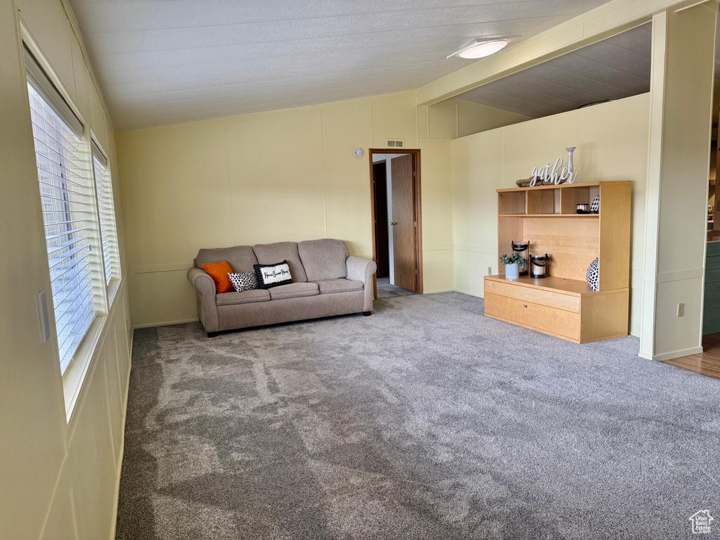 Carpeted living room featuring lofted ceiling