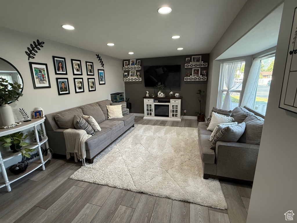 Living area with wood finished floors and recessed lighting