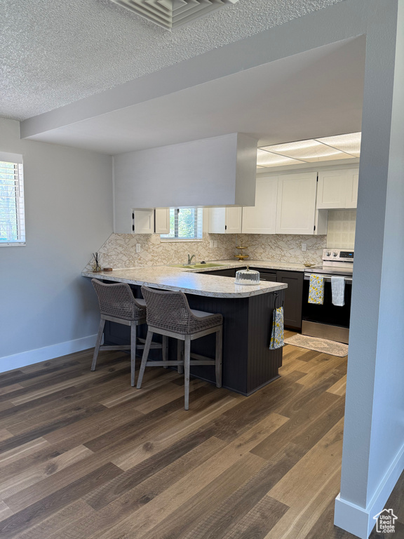 Kitchen featuring stainless steel range with electric stovetop, backsplash, white cabinets, plenty of natural light, and a textured ceiling