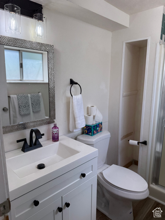 Full bath featuring vanity, a shower stall, and wood finished floors