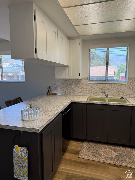 Kitchen with black dishwasher, light wood-type flooring, light countertops, white cabinets, and tasteful backsplash