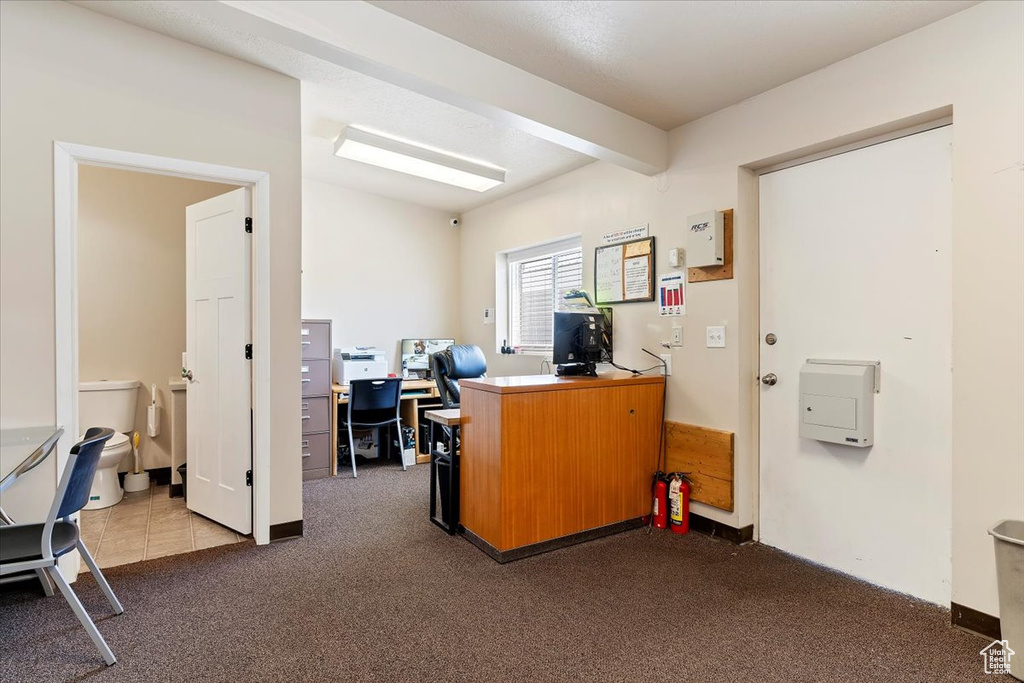 Office area with dark colored carpet
