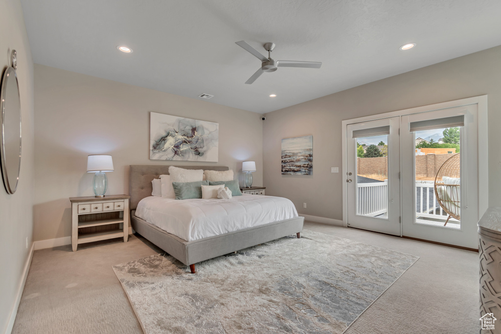 Bedroom with light carpet, access to exterior, recessed lighting, and ceiling fan