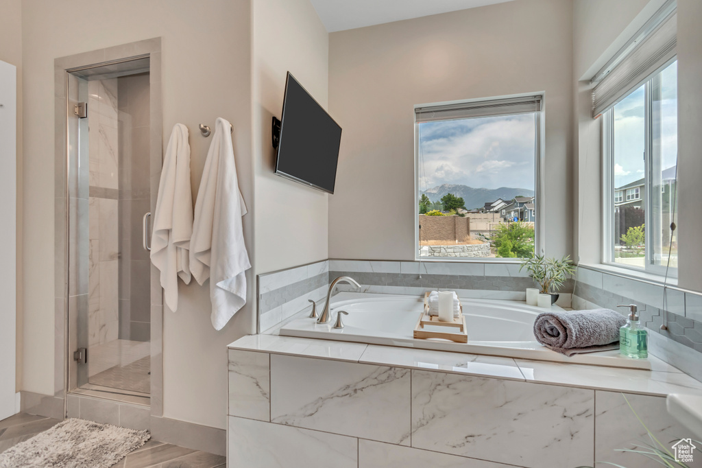 Full bathroom with a stall shower, plenty of natural light, and a bath