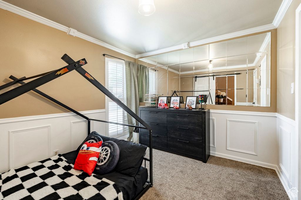 Carpeted bedroom with a decorative wall, crown molding, and wainscoting