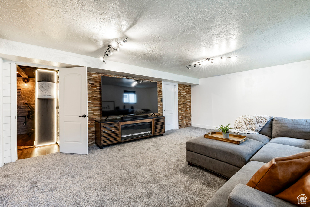 Carpeted living room featuring rail lighting and a textured ceiling