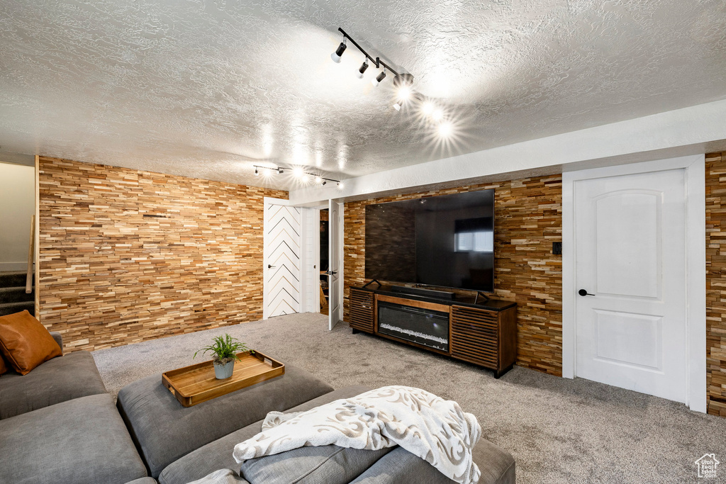 Living room with rail lighting, carpet, and a textured ceiling