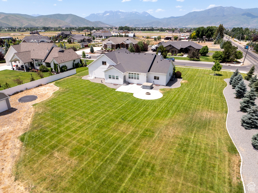 Aerial view of residential area with mountains