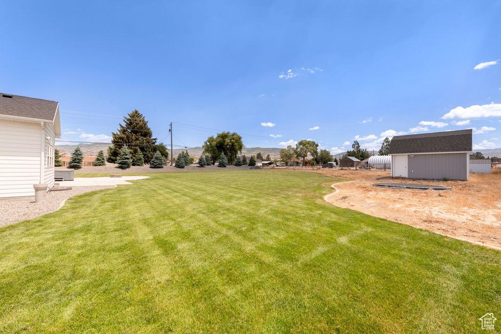 View of grassy yard with a shed