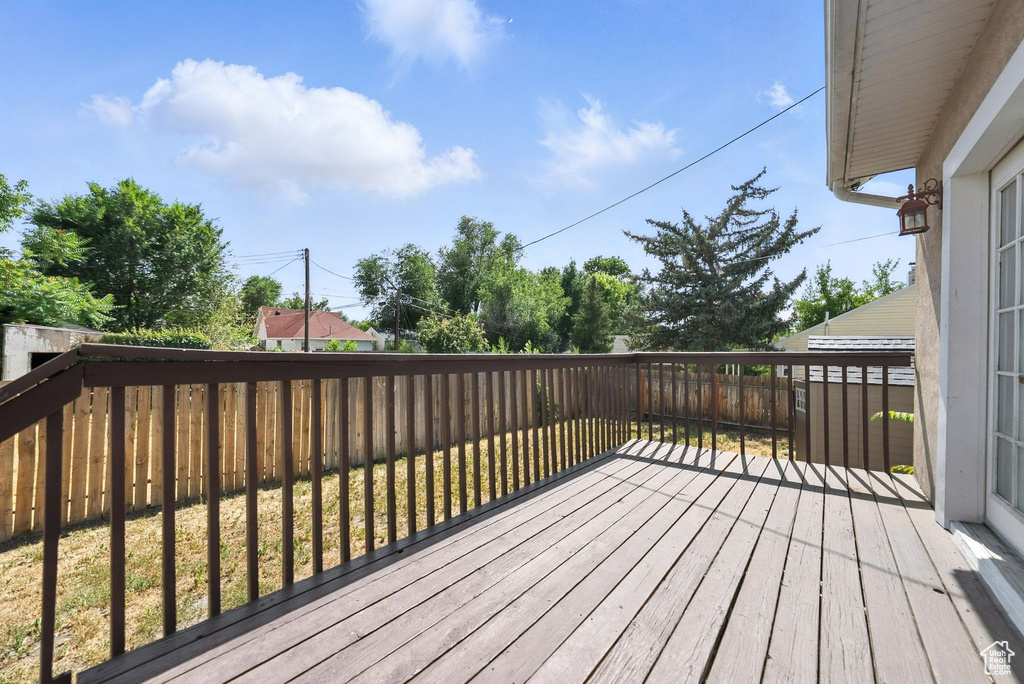 Wooden deck featuring a fenced backyard