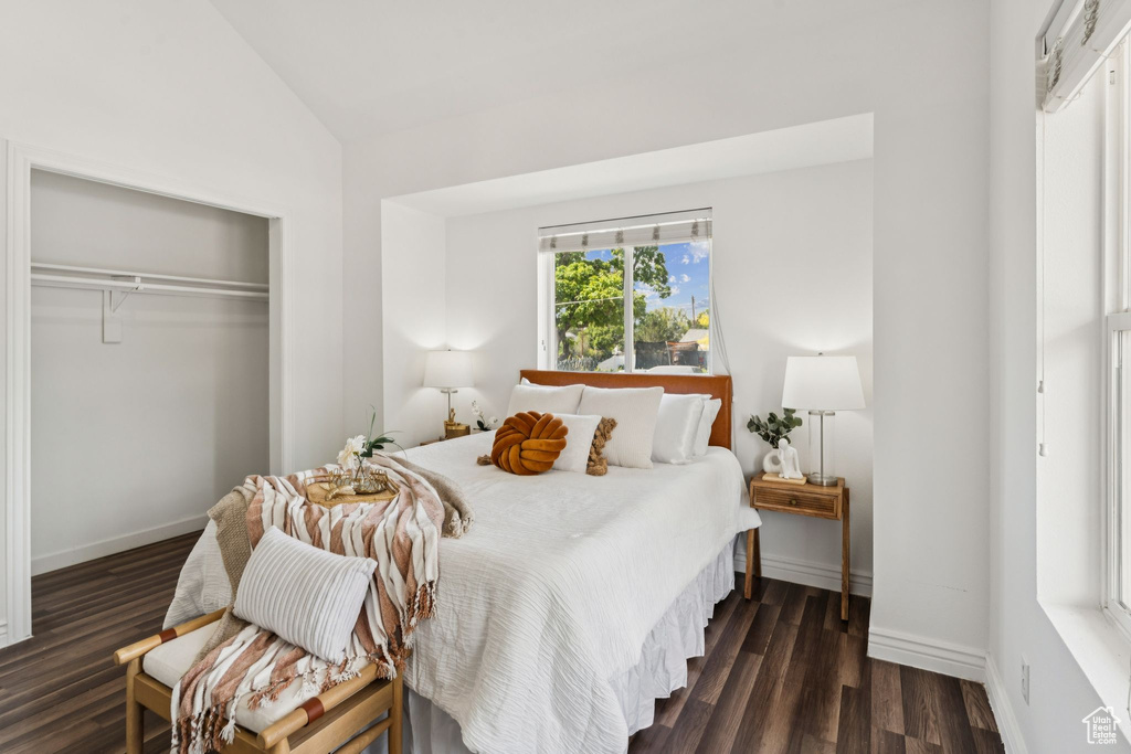 Bedroom with a closet, dark wood-style floors, and lofted ceiling